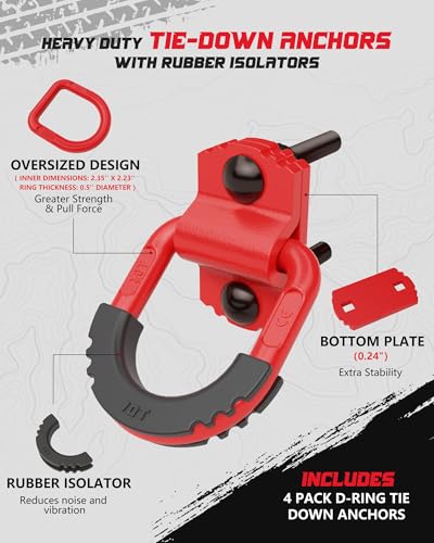 D-Ring Tie Down Anchors with Rubber Isolators, 4 Pack Heavy Duty 10 Ton Capacity Carbon Steel, Bolt-On with Mounting Hardware, Zinc & Powder Coated for Trailer, Truck, Pickup, Garage-Red - color: Red