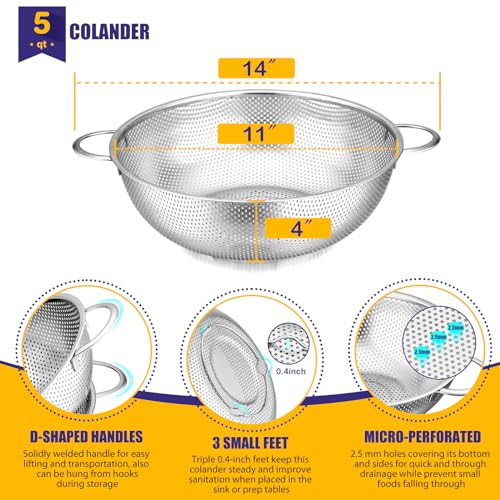 E-far 5-Quart Stainless Steel Colander, Micro-Perforated Metal Colander Strainer with Handle for Kitchen/Draining Pasta/Rinsing Vegetables Fruits, Heavy Duty & Dishwasher Safe - 11 Inches - size: 5 QT
