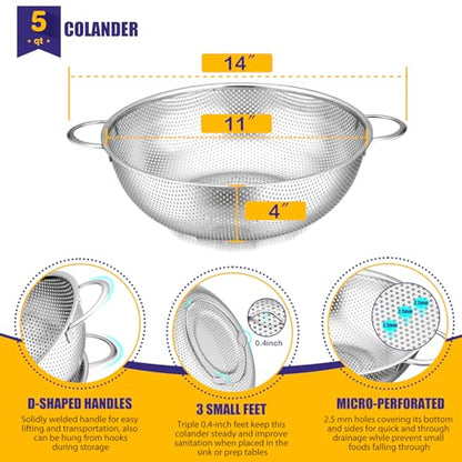 E-far 5-Quart Stainless Steel Colander, Micro-Perforated Metal Colander Strainer with Handle for Kitchen/Draining Pasta/Rinsing Vegetables Fruits, Heavy Duty & Dishwasher Safe - 11 Inches - size: 5 QT
