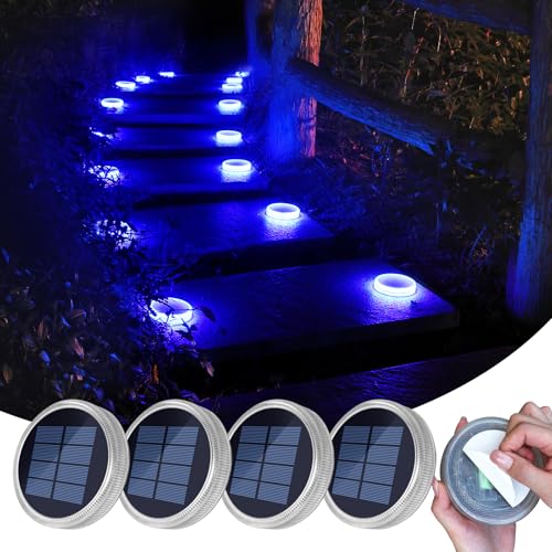 YiLaie Blue Solar Dock Deck Step Lights for Outside Waterproof 4 Pack | Driveway Lights Solar Powered for Outside Concrete Disks Ground Walkway Pathway Sidewalk Auto ON/Off - color: Blue, size: 4 Pack-Round