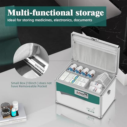 Glosen Medicine Lock Box with Code, 2-Layer Aluminum Alloy Medicine Organizer Box with Removable Tray, Portable Medication Lock Box with Shoulder Strap for Home Safety, Travel & Office (12x7.7x7.9In) - size: Medium-12in