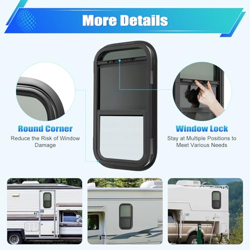 Vertical RV Window, 23.3*13.4*1.7in, Tinted Sliding RV Window, RV Window Replacement, Teardrop Style, with Net Screen and Trim Ring, Fit for Thickness Wall 0.12-0.24in and 2.13in