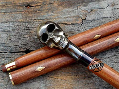 Brass Handle Victorian Telescope Foldable Wooden Walking Stick Cane Ideal Vintage Gift Men Women Father/Mother - style: Skull