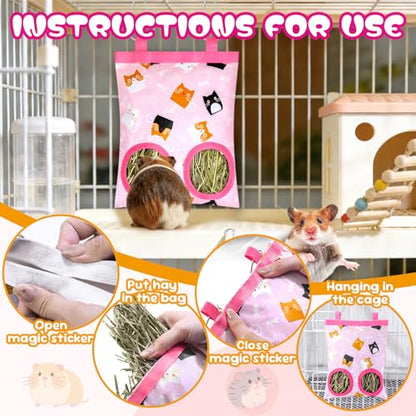 2 Pack Rabbits Hay Feeder Bag, 2 Holes Hanging Bunny Hay Feeder Guinea Pig Feeding Bag Storage Dispenser for Bunny Rabbits Chinchillas Hamsters Small Pets and Animals - color: Pink Yellow
