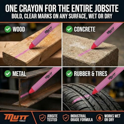 Mutt Tools Pink Lumber Crayons 12 Pack - Construction Crayon | Pink, 12 Pack, Wax Formula, Hexagonal Grip, Weather Resistant - color: Pink