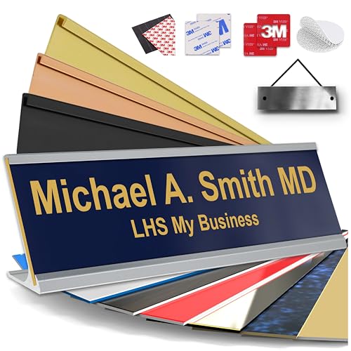 Custom Name Plate for Desk, Navy Blue with Gold Lettering, 2x8 - color: B10 - Navy Blue & Gold Lettering