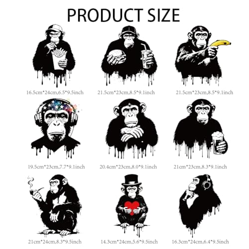 arricraft 9 Sheets Chimpanzee Theme Iron on Stickers, Black Gorilla Pattern Print Transfer Stickers Decals for DIY T-Shirt Jeans Backpacks Families Clothing Hat Decoration Applique - style: Chimpanzee Theme