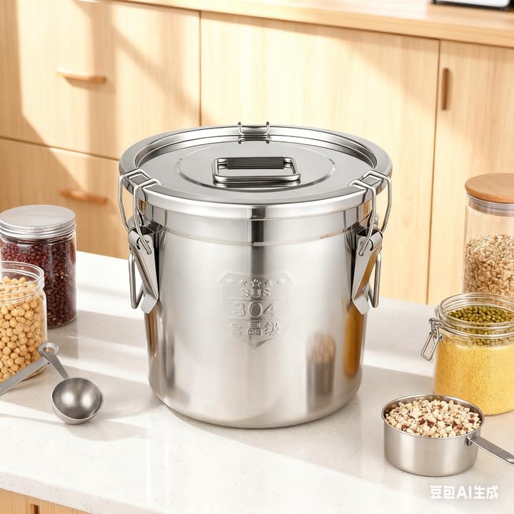 12L/3.2 Gal Stainless Steel Airtight Food Storage Canister, 304 Stainless Steel Storage Bucket with Lid & Handles, Leakproof Rice Grain Container, Sugar, Flour Storage Bin for Kitchen, Restaurant