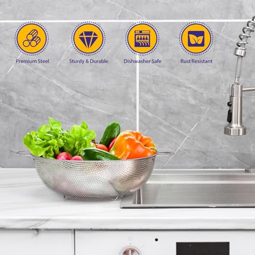E-far 5-Quart Stainless Steel Colander, Micro-Perforated Metal Colander Strainer with Handle for Kitchen/Draining Pasta/Rinsing Vegetables Fruits, Heavy Duty & Dishwasher Safe - 11 Inches - size: 5 QT