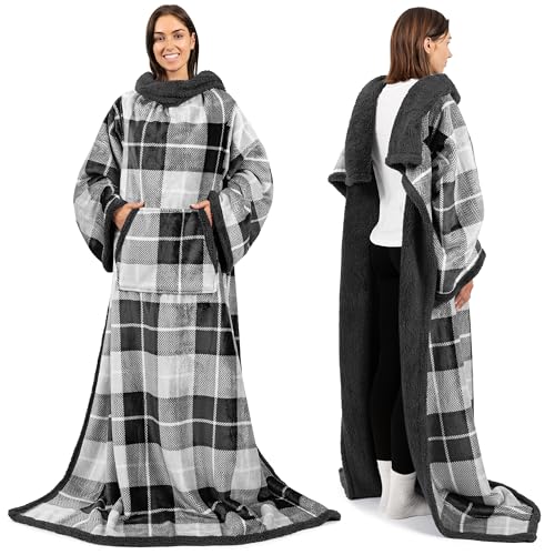 PAVILIA Sherpa Wearable Blanket with Sleeves and Pocket, Plush Thick Cozy Body Blanket Wrap for Adult Women Men, Christmas Gift for Wife Mom, Plaid Grey - color: Plaid Charcoal