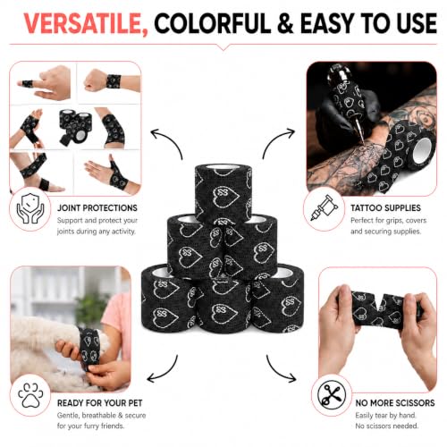 Latex Free Self Adhesive Bandage Wrap - 2 Inch x 5 Yards, 6 Pack - color: Black, size: 6 Count (Pack of 1)