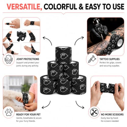 Latex Free Self Adhesive Bandage Wrap - 2 Inch x 5 Yards, 6 Pack - color: Black, size: 6 Count (Pack of 1)