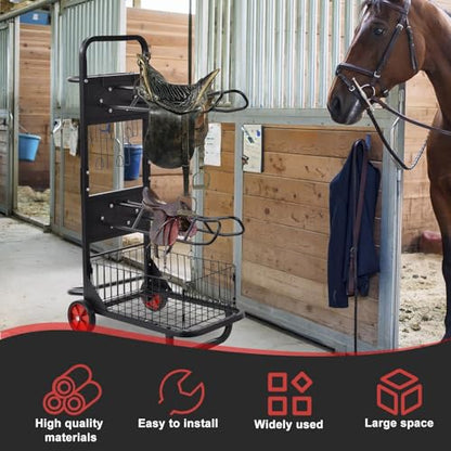 Rolling Saddle Rack Horse Tack Cart 3 Tier, Heavy Duty Steel Stable Storage Cart with Wheels, Portable Horse Equipment Organizer for Tack Room Trailer Indoor Outdoor