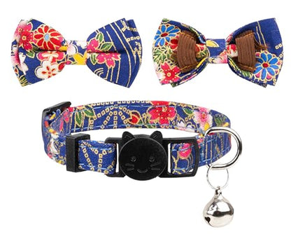 Collar for Cat Pet Breakaway with Bell Bowtie Detachable Bow Adjustable Safety Kitten Puppy Girl Boy 2pcs Navy Blue & Red - color: Flower-Navy Blue & Red