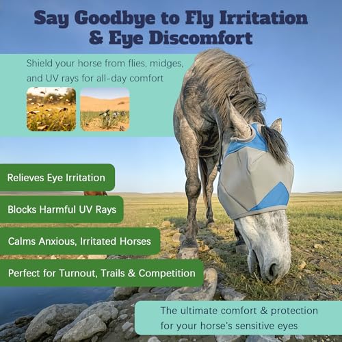 Horse Fly Mask Without Ears, Breathable Mesh UV Protection, Soft Fleece Trim, Adjustable Secure Fit, No Eye Rubbing, Lightweight for Turnout (M) - size: Medium