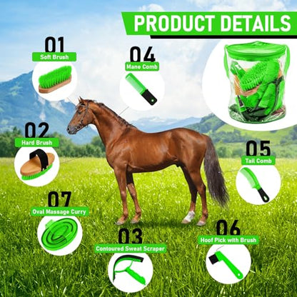 Cunhill 9 Pcs Horse Grooming Kit with Bag Curry Brushes,Cute,Green - color: Green, style: Cute