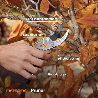 Fiskars Bypass Pruning Shears, 5/8" Cut Capacity Garden Clippers | Self-Cleaning Sap Groove Prevents Sticking, Non-Slip Grip for Cutting Stems & Branches, Steel Blades w/ Low-Friction Coating - style: Bypass Pruner