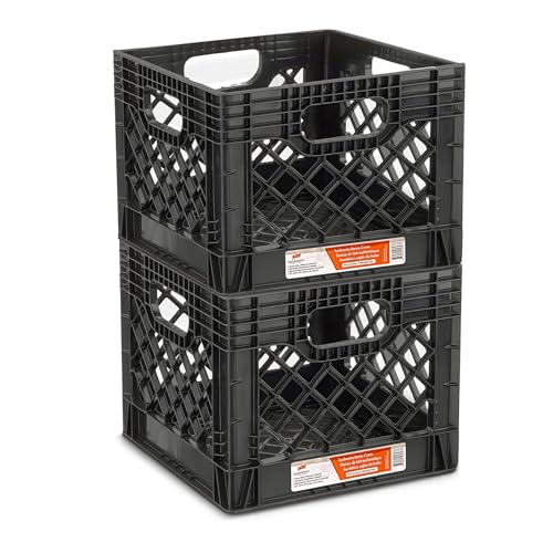 Juggernaut Storage Heavy Duty Milk Crates, 4 Handles, 16 Qt, Black, 4-Pack | Stackable HDPE Construction, Holds Up to 50 lbs, Vented Cross-Hatch Design, 13 x 13 x 11 In, for Office, Classroom & Home - size: 16 Quart 4-pack