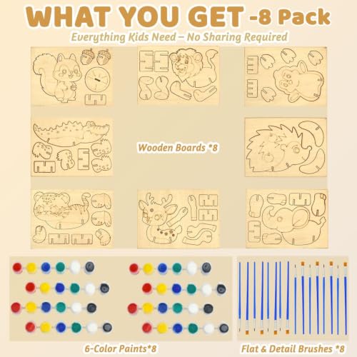 Vileafy 8 Pack Wooden Animal Painting Crafts for Kids Ages 4-8 | 8 Individual Party Favor with Paints & Brushes, DIY Build & Paint Arts and Crafts for Classroom, Birthday, Rainy Day Activity
