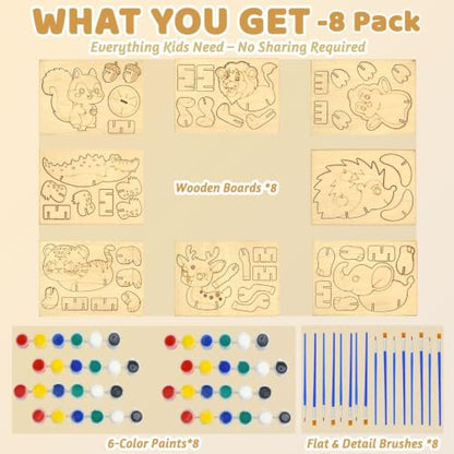 Vileafy 8 Pack Wooden Animal Painting Crafts for Kids Ages 4-8 | 8 Individual Party Favor with Paints & Brushes, DIY Build & Paint Arts and Crafts for Classroom, Birthday, Rainy Day Activity