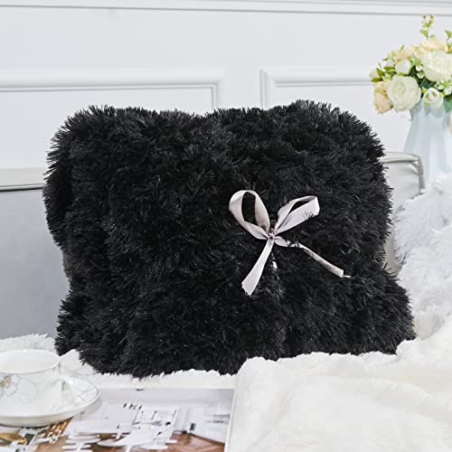 GONAAP Fuzzy Faux Fur Queen Blanket for Couch, Black, 90"x90" - color: Black, size: Queen(90"x90")