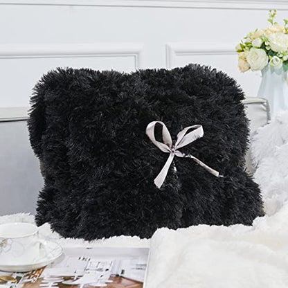 GONAAP Fuzzy Faux Fur Queen Blanket for Couch, Black, 90"x90" - color: Black, size: Queen(90"x90")