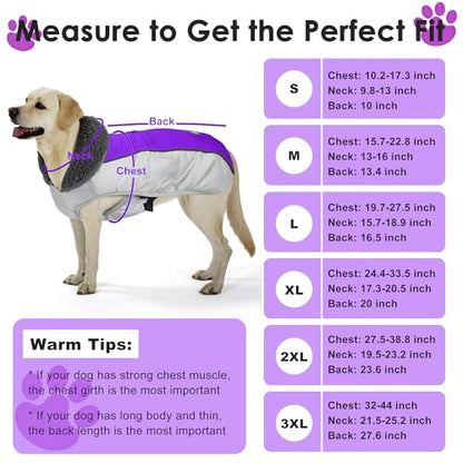 Petglad Dog Coat, Waterproof Ripstop Dog Winter Jacket with Leash Hole, Reflective Adjustable Warm Pet Fleece Snow Sweater for Small Medium Large Dogs - Purple, L - color: Purple, size: L