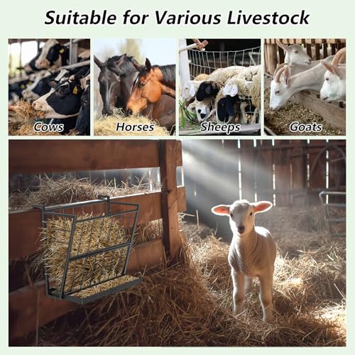 2-in-1 Wall Mount Hay Feeder, Black Grain Rack for Goats, Horses, Sheep - color: black