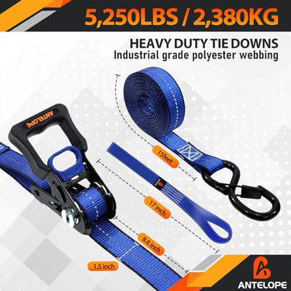 A ANTELOPE 4 Pack 1.5" x 8' Ratchet Tie Down Straps with S Hooks, Blue - color: Blue, size: 4PK-1.5in