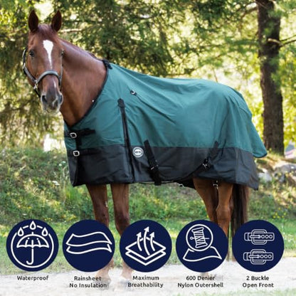 Country Pride Cascade Rainsheet for Horses, Waterproof 600D Turnout, Adjustable Double Buckle Front, Bias Surcingle, Removable Elastic Leg Straps, Shoulder Gussets, Tail Cover, Hunter Green/Black (84) - size: 84