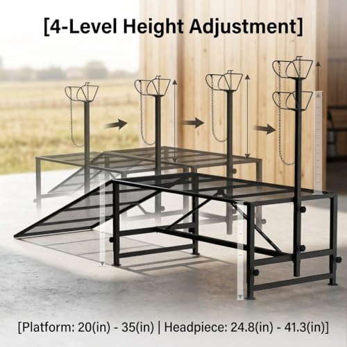 Heavy Duty Goat Stand with Ramp, Sheep Shearing Stand for Farms Barns Grooming Areas, Adjustable Goat Milking Stand with Ramp for Daily Animal Care