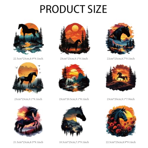 arricraft 9 Sheets Horse Sunset Scenery Iron on Decals Patches, Sunset Birds Forests Streams and Other Patterns Transfer Stickers PET Washable Patches for DIY Clothes Decor, 9.05 inch(23cm) Long - style: Horse Sunset Scenery Theme
