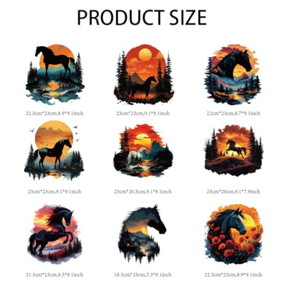 arricraft 9 Sheets Horse Sunset Scenery Iron on Decals Patches, Sunset Birds Forests Streams and Other Patterns Transfer Stickers PET Washable Patches for DIY Clothes Decor, 9.05 inch(23cm) Long - style: Horse Sunset Scenery Theme
