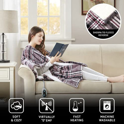 Beautyrest Heated Electric Throw - Sherpa/Berber, 3 Heat & Washable - color: Grey Plaid, size: 50 in x 64 in
