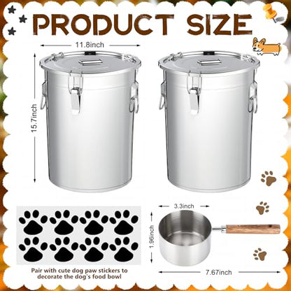 Lounsweer 2 Pack 7 Gal Stainless Steel Dog Food Storage Container with Lid and Locking Clamp 28 L Metal Airtight Container Large Stainless Steel Bucket with Food Scoop for Pet Feed - size: 28 L