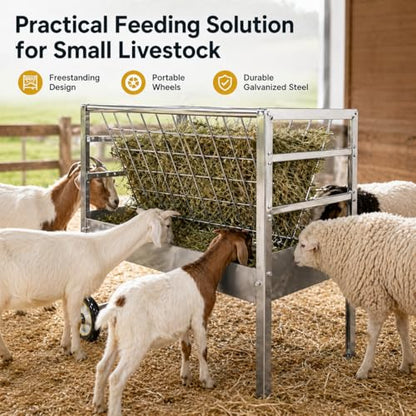 Portable Goat Feeder – Rolling Galvanized Steel Frame, 2 in 1 Hay & Grain Feeder, 30 Lb Unit Weight, Livestock Feeder with Wheels, Great for Sheep, Alpaca & Cattle