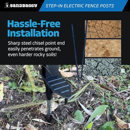 Sandbaggy 4 ft Plastic Step in Electric Fence Posts - UV Resistant - Temporary or Semi-Permanent Fencing for Livestock, Grazing, Gardening - Lightweight, Adjustable Height (4 ft, Black, 10)