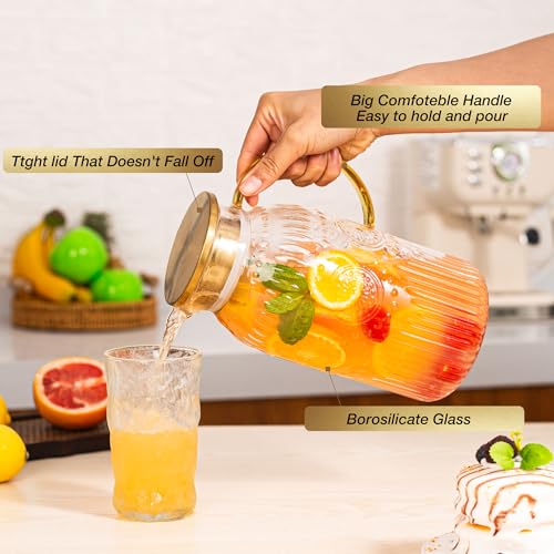 Amzcku Glass Pitcher with Lid 68oz 2L Vintage Water Carafe Beverage 2Pack - size: 68 Ounces (2 Pack)