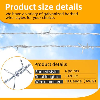 AggFencer 1320ft Barbed Wire, 4 Point Hot-Dip Galvanized Barb Wire Roll | 18Ga, Suitable for Crafts Fences, Fence for Critter Deterrent - size: 4-points 1320ft 18ga