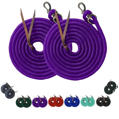 Majestic Ally 14' Pack of 2 Poly Training Lead Rope with Leather Popper for Horses & Livestock – 14 Foot Long and 5/8 inch Thick - Replaceable Heavy-Duty Bolt Snap (Purple) - color: Purple