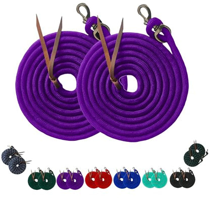 Majestic Ally 14' Pack of 2 Poly Training Lead Rope with Leather Popper for Horses & Livestock – 14 Foot Long and 5/8 inch Thick - Replaceable Heavy-Duty Bolt Snap (Purple) - color: Purple