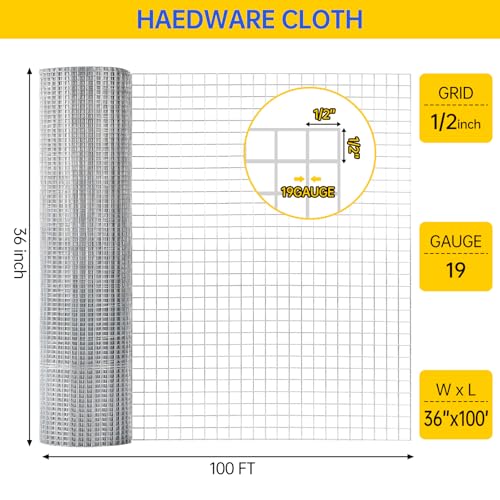 Hardware Cloth, Galvanized Chicken Wire Fence, 19 Gauge Vinyl Coated Wire Mesh Roll, Black Welded Wire Fencing Roll Gopher Wire Mesh Roll for Garden Fencing Rabbit Snake Wire (Silver 36IN 100FT) - color: 36" x 100' Silver
