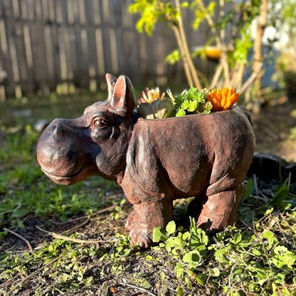 Zeckos Hippo Animal Planter, 17 Inch Wide Brown Textured Finish | Magnesium Oxide, 12.5 Inch Tall, Indoor or Outdoor Display, Drain Holes, 4 X 7.5 Inch Opening, 7.5 Inch Deep - color: Hippo - Brown