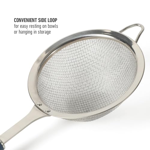 Calphalon Edge Stainless Steel Strainer, Fine Mesh Kitchen Colander Strainer with Thermoplastic Rubber Handle, Sifter for Rinsing, Draining & Straining Food, Navy - color: Navy Blue w/ Rubber Handle (Edge - Strainer)
