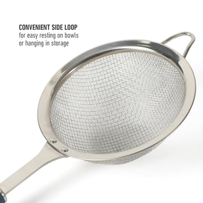 Calphalon Edge Stainless Steel Strainer, Fine Mesh Kitchen Colander Strainer with Thermoplastic Rubber Handle, Sifter for Rinsing, Draining & Straining Food, Navy - color: Navy Blue w/ Rubber Handle (Edge - Strainer)