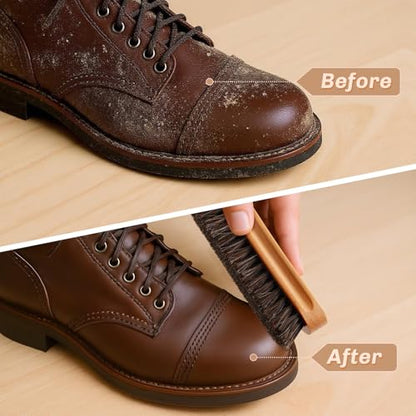 4 Pcs Horsehair Shine Shoes Brush Kit Polish Dauber Applicators Cleaning Leather Shoes Boots Care Brushes Suede Cleaner Brush with Microfiber Shoe Cloth(Wooden Style A) - style: Wooden Style A