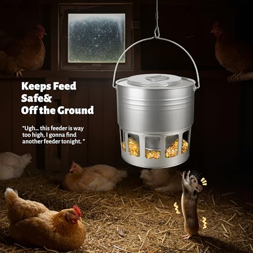 KOL Hanging Chicken Feeder – 20lbs Metal Chicken Feeder No Waste, Adjustable Poultry Feeder with 12 Ports, No Installation & Universal Height Design (Silver) - color: Silver