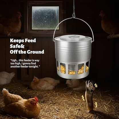 KOL Hanging Chicken Feeder – 20lbs Metal Chicken Feeder No Waste, Adjustable Poultry Feeder with 12 Ports, No Installation & Universal Height Design (Silver) - color: Silver