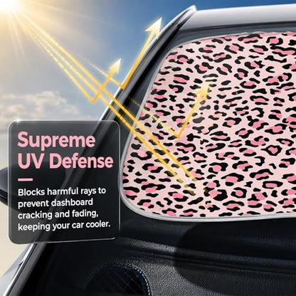2 PCS Car Front Windshield Shade, Leopard Auto Windshield Sunshade Foldable Sun Blocker to Keep Your Vehicle Cool, Front Windscreen Sun & Heat Protection Cover for Most Vehicles (Pink) - color: Pink