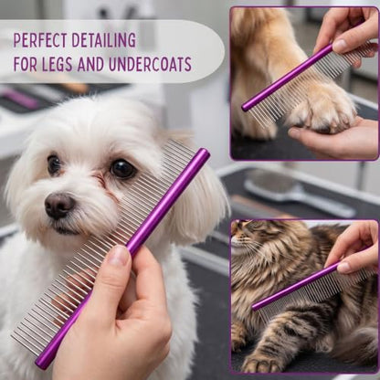 Pet Comb 8 inches Comfortable Grooming Comb with Different-Spaced Rounded Stainless Steel Teeth, Easy Grip and Convenient Grooming for Pets Dog Cat with Medium Coarse Fur - Purple - size: 8"